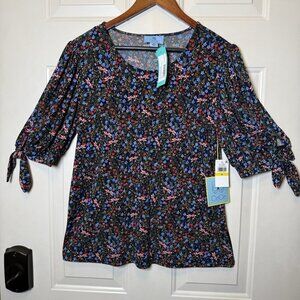 CeCe Floral Roman Tie Short Sleeve Knit Top Sz M NWT